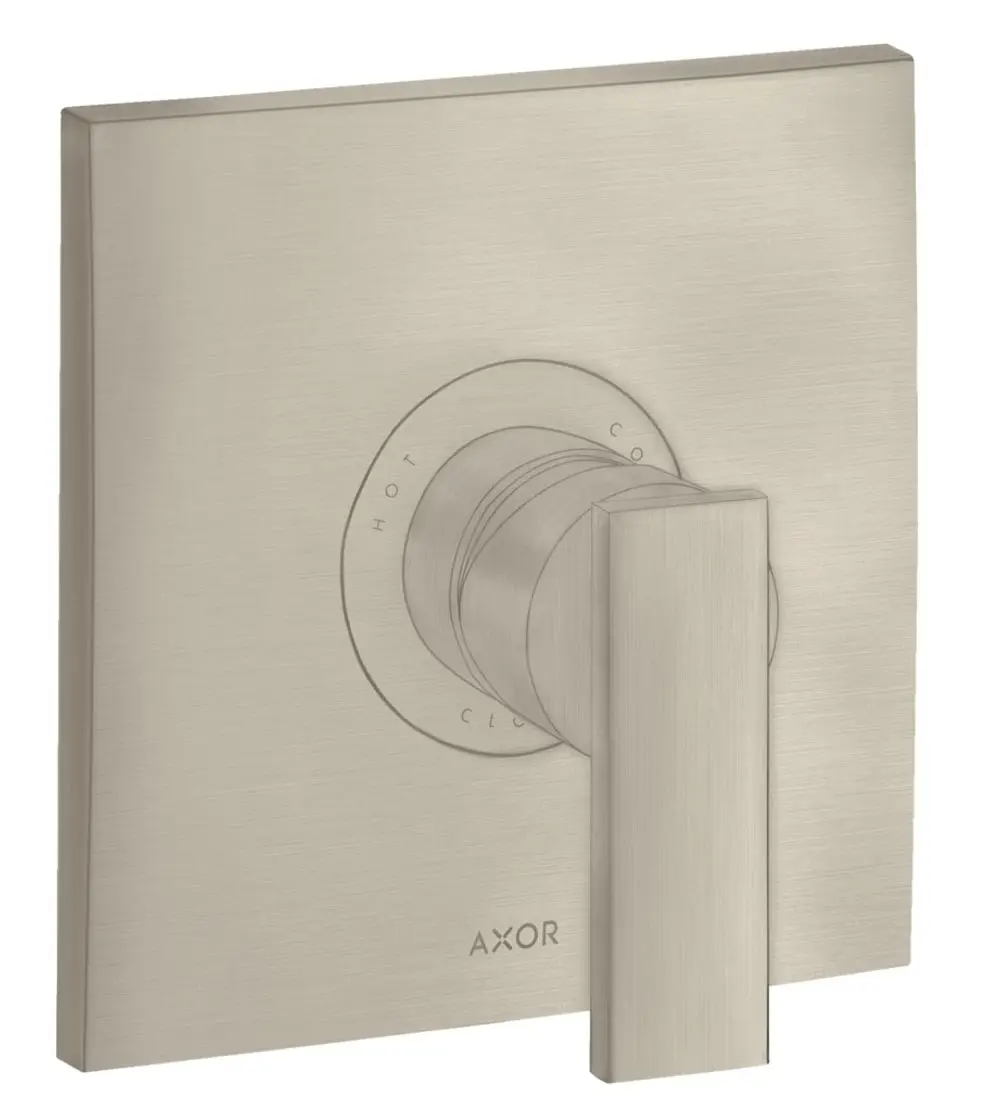 Unterputz-Brausemischer mit Hebelgriff in gebürstetem Nickel, gefertigt von AXOR. Schlichtes Design mit Markierungen für Temperaturregelung.